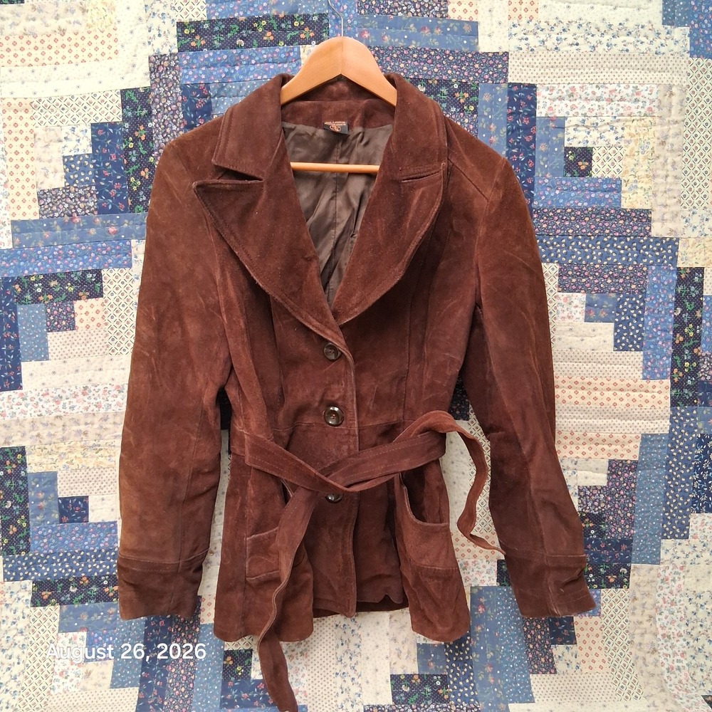 * Vintage 70s Brown Suede Leather Belted Jacket Coat Womens Small Boho Argentina
